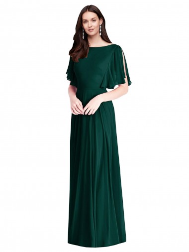 Buy Long Ever Green Bell Sleeves A-Line V-Back Semi Formal Evening Dress