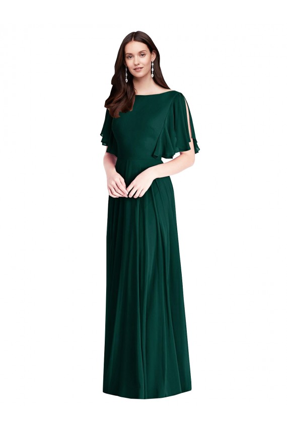 Buy Long Ever Green Bell Sleeves A-Line V-Back Semi Formal Evening Dress