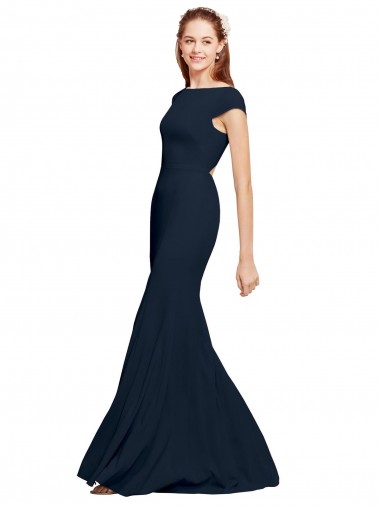 Buy Long Dark Navy Sleeveless A-Line Open Back Formal Evening Dress