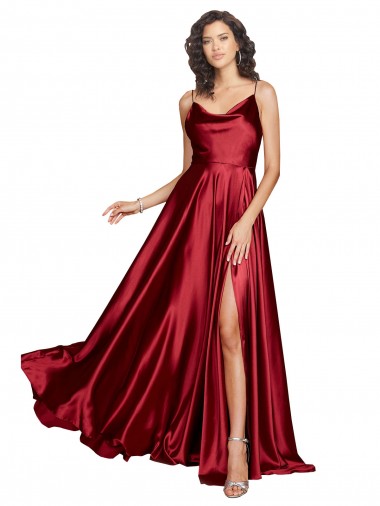 Buy Long Burgundy Sleeveless A-Line Low Back Silky Satin Black Tie Evening Dress