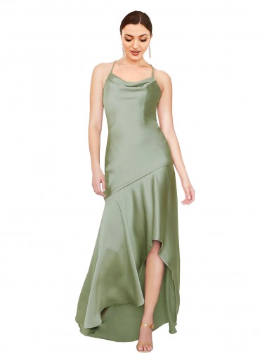 Buy Long Smoke Green Sleeveless A-Line Open Back High Low Evening Dress