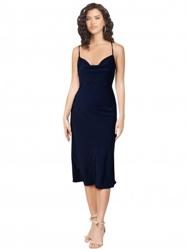 Buy Midi Length Dark Navy Sleeveless A-Line Open Back Formal Evening Dress