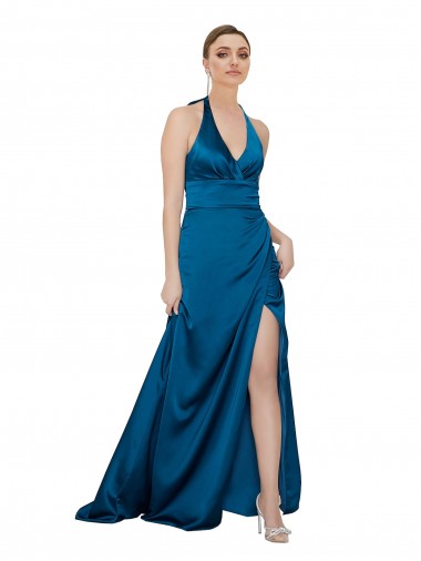 Buy Long Peacock Blue Sleeveless A-Line Open Back Formal Evening Dress
