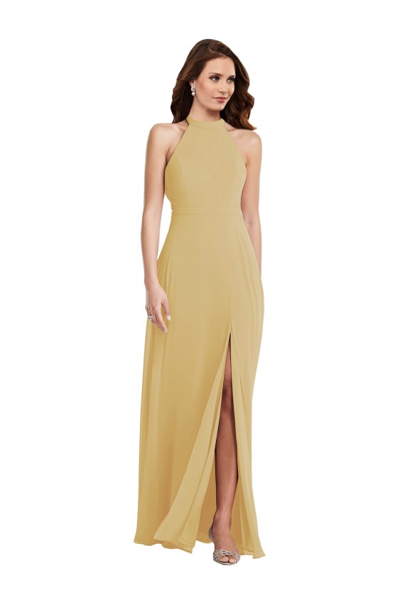 Buy Long Gold Sleeveless A-Line Open Back Semi Formal Evening Dress