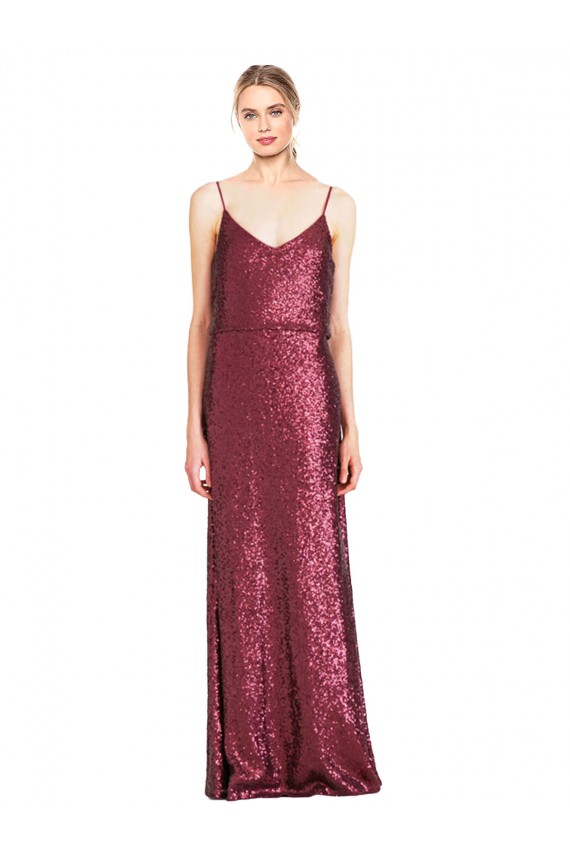 Buy Long Burgundy Sleeveless A-Line Sequin Formal Evening Dress