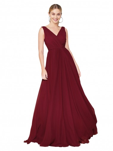 Buy Long Burgundy Sleeveless A-Line V-Back Soft Chiffon Formal Dress