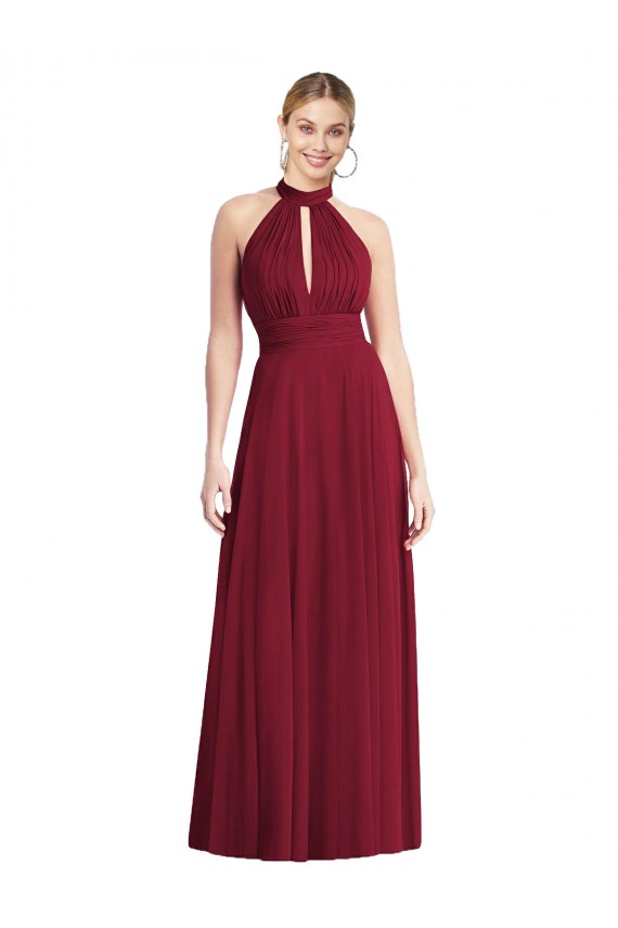 Buy Long Burgundy Sleeveless A-Line Open Back Soft Chiffon Semi Formal Evening Dress