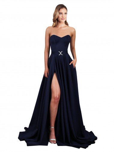 Buy Long Dark Navy Sleeveless A-Line Low Back Formal Dress