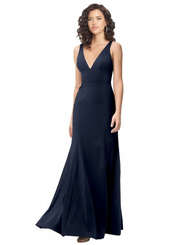 Buy Long Dark Navy Sleeveless A-Line V-Back Stretch Crepe Formal Dress