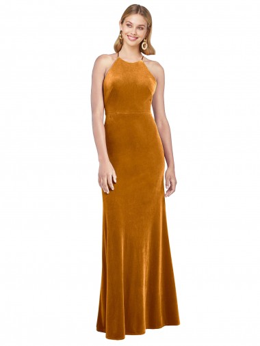 Buy Long Gold Sleeveless A-Line Open Back Stretch Velvet Formal Evening Dress