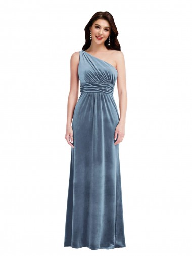 Buy Long Dusty Blue Sleeveless A-Line Stretch Velvet Evening Dress