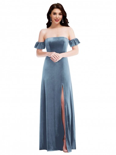 Buy Long Dusty Blue Ruffle Sleeves A-Line Low Back Formal Dress