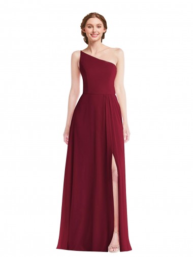 Buy Long Burgundy Sleeveless A-Line Shirred Front Slit Semi Formal Evening Dress