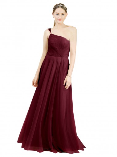 Buy Long Burgundy Sleeveless A-Line Tulle Semi Formal Evening Dress
