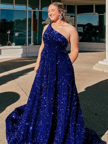 Buy Sweep Train Royal Blue Sleeveless A-Line Velvet Sequin Evening Dress