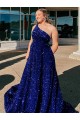 Buy Sweep Train Royal Blue Sleeveless A-Line Velvet Sequin Evening Dress