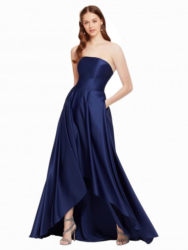 Buy Long Dark Navy Sleeveless A-Line Low Back High Low Evening Dress
