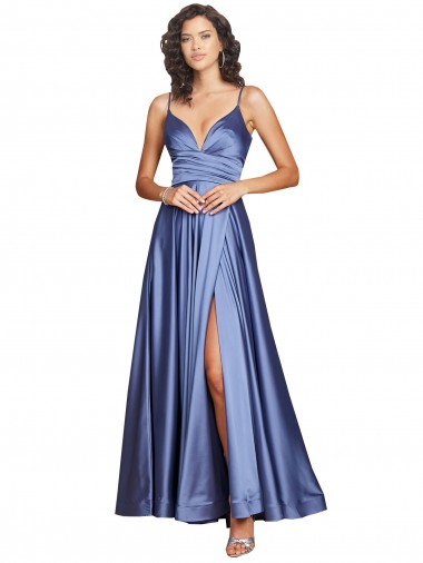 Buy Long French Blue Sleeveless A-Line Low Back Black Tie Evening Dress