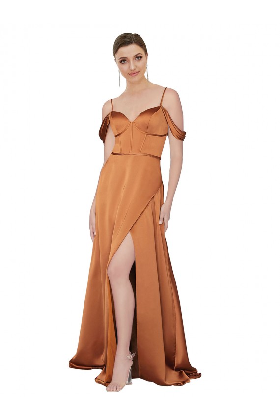Buy Long Orange Cold Shoulder A-Line Low Back Formal Evening Dress
