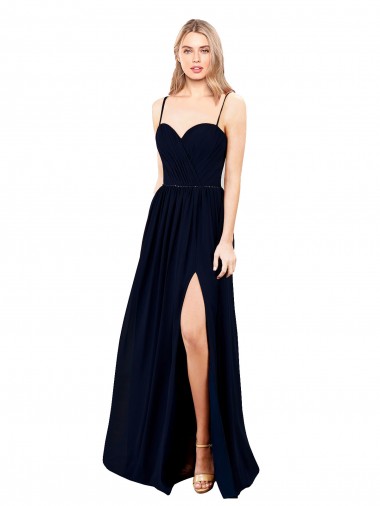 Buy Long Dark Navy Sleeveless A-Line High Slit Formal Evening Dress