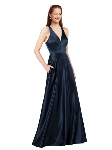 Buy Long Dark Navy Sleeveless A-Line Keyhole Back Formal Evening Dress