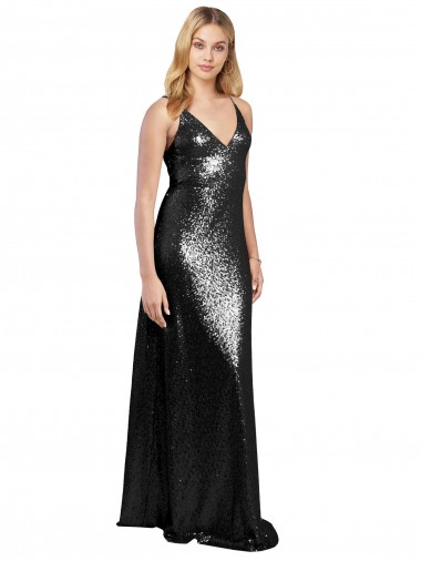 Buy Long Black Sleeveless A-Line V-Back Sequin Formal Evening Dress