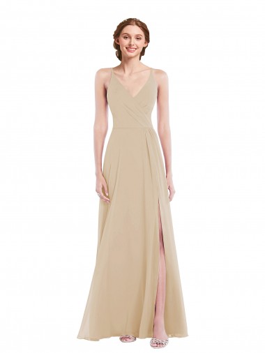 Buy Long Champagne Sleeveless A-Line Open Back Semi Formal Evening Dress