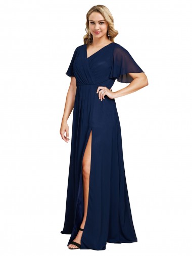 Buy Long Dark Navy Short Flutter Sleeves A-Line Plus Size Formal Evening Dress
