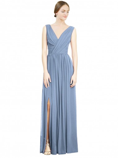 Buy Long Dusty Blue Sleeveless A-Line Front Slit Semi Formal Evening Dress