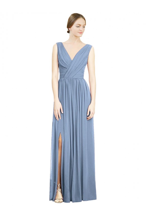 Buy Long Dusty Blue Sleeveless A-Line Front Slit Semi Formal Evening Dress