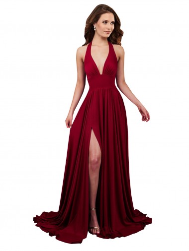 Buy Long Burgundy Sleeveless A-Line Open Back Side Slit Black Tie Evening Dress