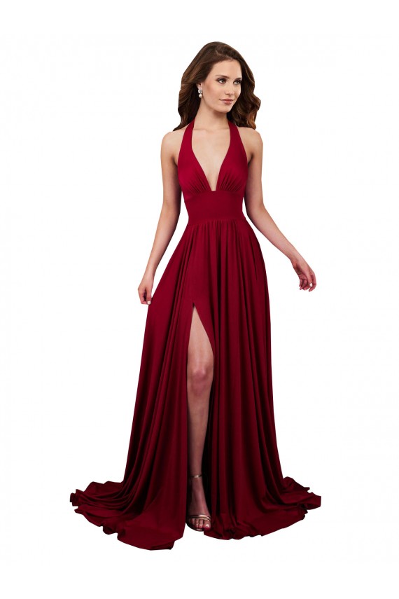 Buy Long Burgundy Sleeveless A-Line Open Back Side Slit Black Tie Evening Dress