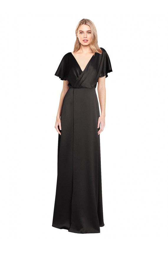 Buy Long Black Cap Sleeves A-Line Open Back Evening Dress