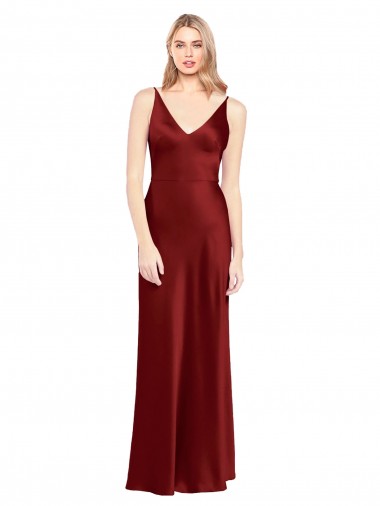 Buy Long Burgundy Sleeveless A-Line V-Back Stretch Satin Formal Evening Dress