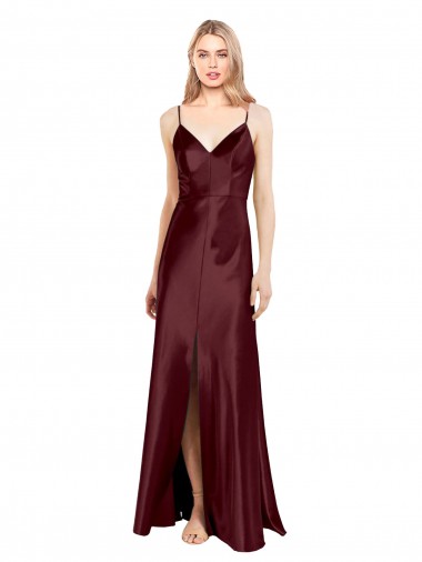 Buy Long Burgundy Gold Sleeveless A-Line Center Front Slit Evening Dress