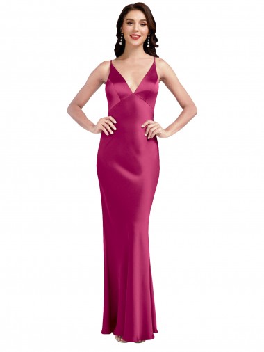 Buy Long Fuchsia Sleeveless A-Line Low Back Stretch Satin Formal Evening Dress