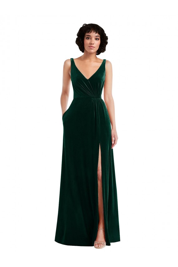 Buy Long Dark Green Sleeveless A-Line V-Back Evening Gown