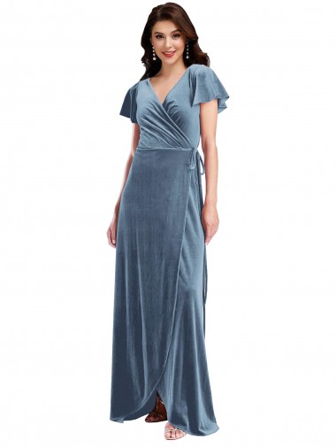 Buy Long Dusty Blue Flutter Sleeves A-Line Black Tie Evening Dress
