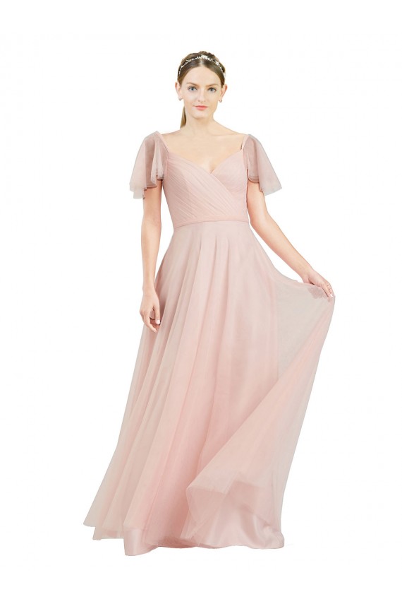 Buy Long Pink Flutter Sleeves A-Line Formal Dress