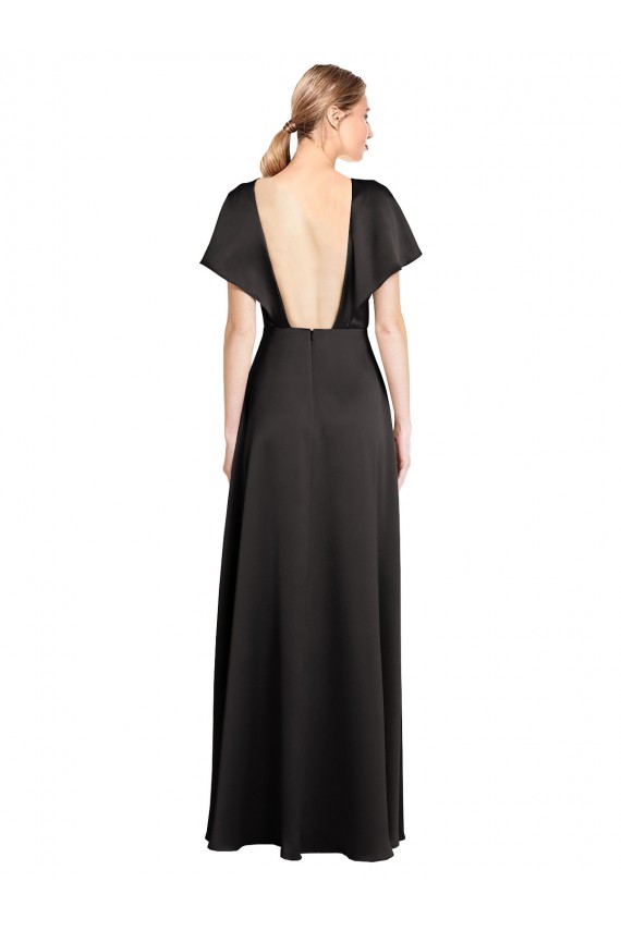 Buy Long Black Cap Sleeves A-Line Open Back Evening Dress
