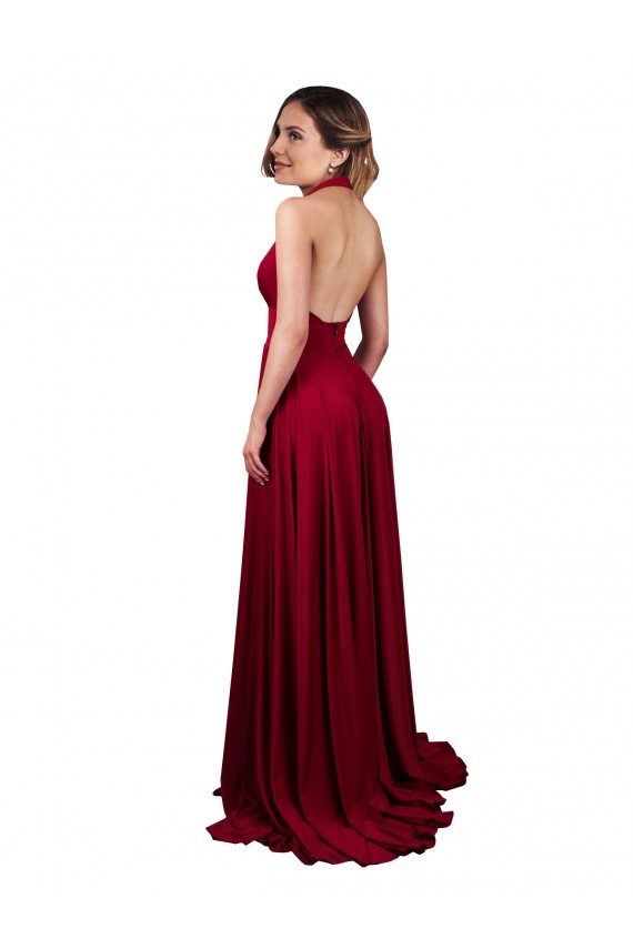 Buy Long Burgundy Sleeveless A-Line Open Back Side Slit Black Tie Evening Dress