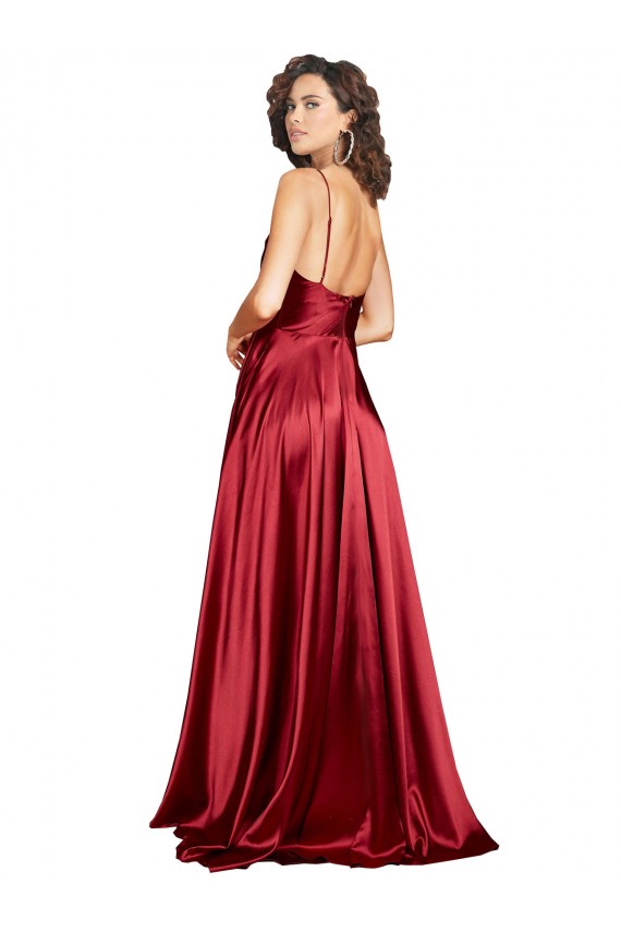 Buy Long Burgundy Sleeveless A-Line Low Back Silky Satin Black Tie Evening Dress