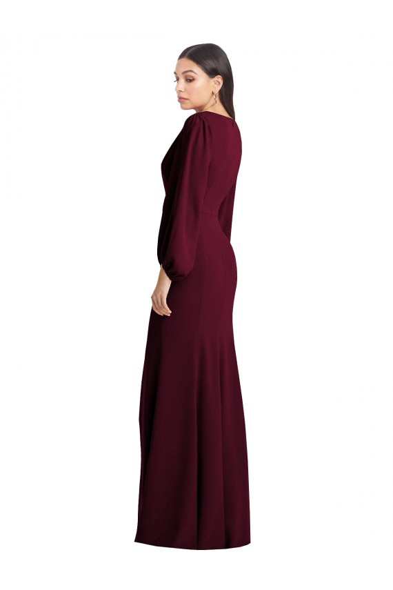 Buy Long Burgundy Gold Puff Sleeves Trumpet Semi Formal Evening Dress