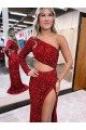 Buy Sweep Train Burgundy Long Sleeves Mermaid Velvet Sequin Evening Dress