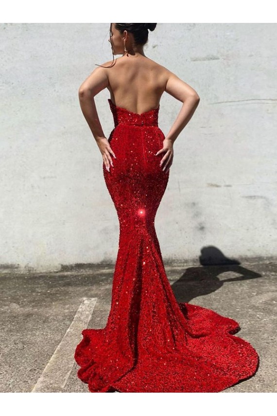 Buy Court Train Burgundy Sleeveless Mermaid Velvet Sequin Evening Dress