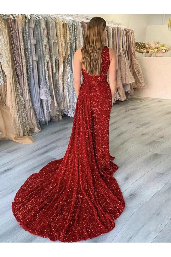 Buy Court Train Burgundy Sleeveless Sheath Velvet Sequin Prom Dress