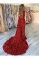 Buy Court Train Burgundy Sleeveless Sheath Velvet Sequin Prom Dress