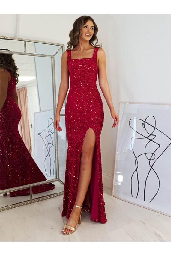 Buy Long Burgundy Sleeveless Sheath Velvet Sequin Prom Dress