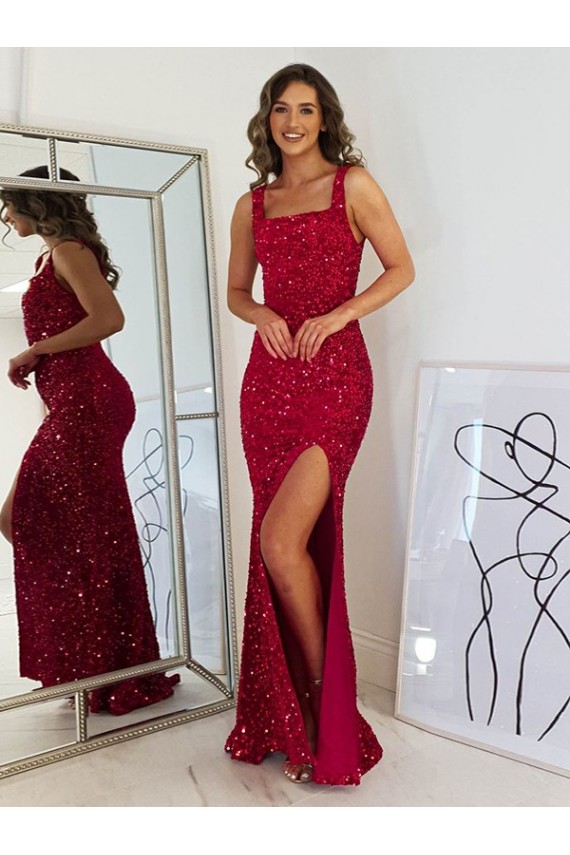 Buy Long Burgundy Sleeveless Sheath Velvet Sequin Prom Dress