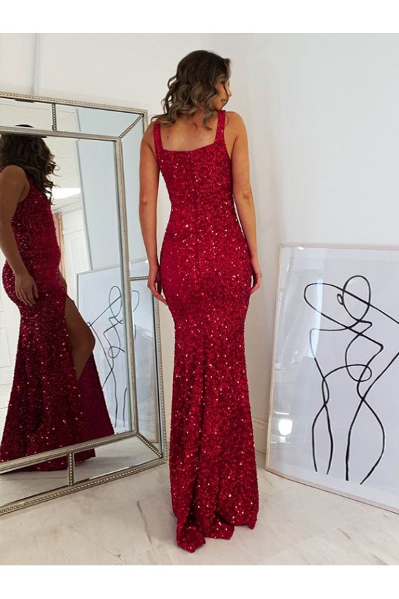 Buy Long Burgundy Sleeveless Sheath Velvet Sequin Prom Dress